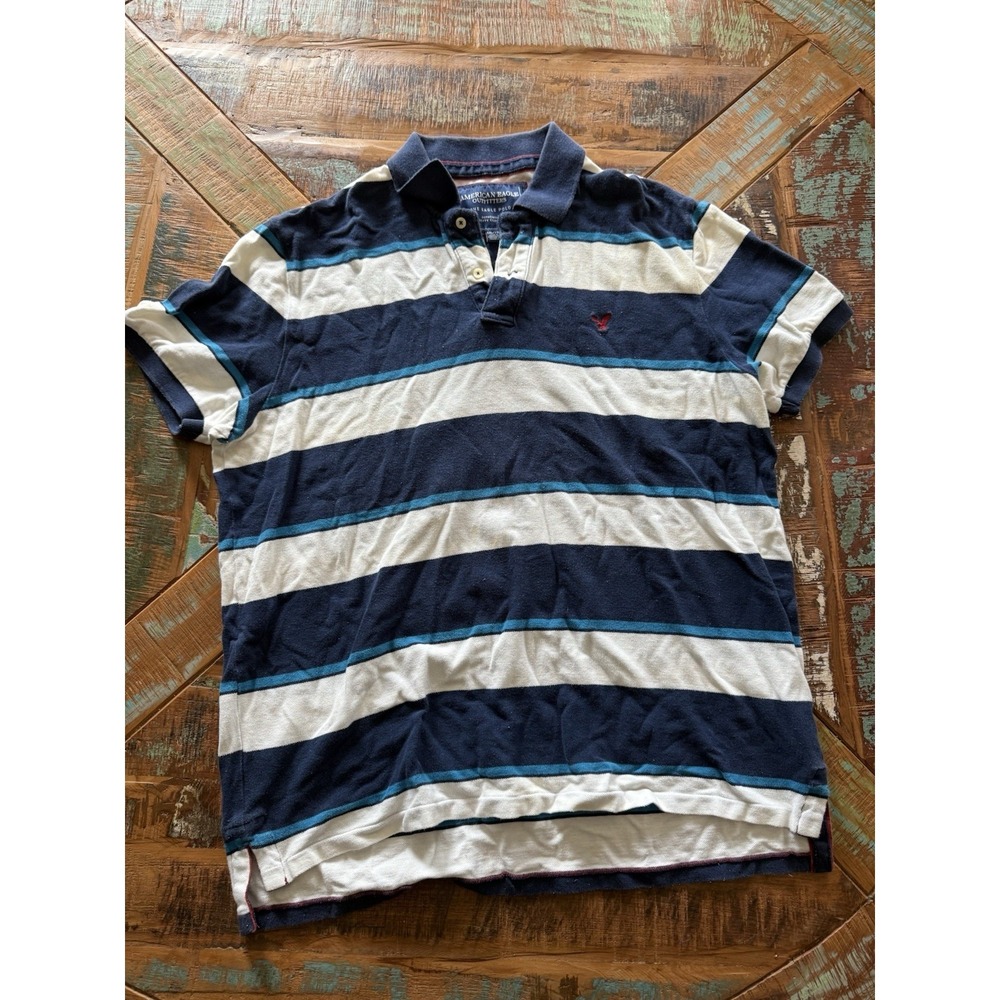 Men's American Eagle Outfitters Blue Striped Eagle Polo Shirt‎ Size XXL